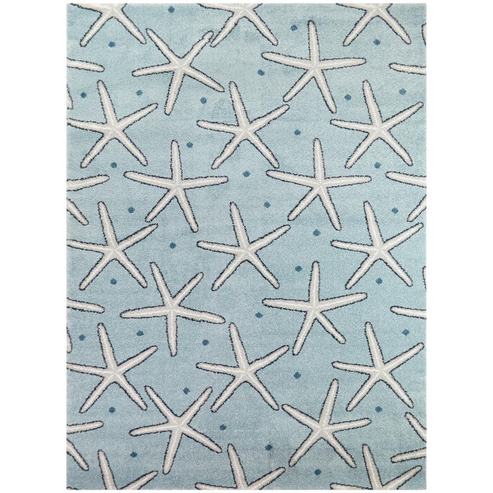 Massau Light Blue Synthetic Coastal Starfish Area Rug