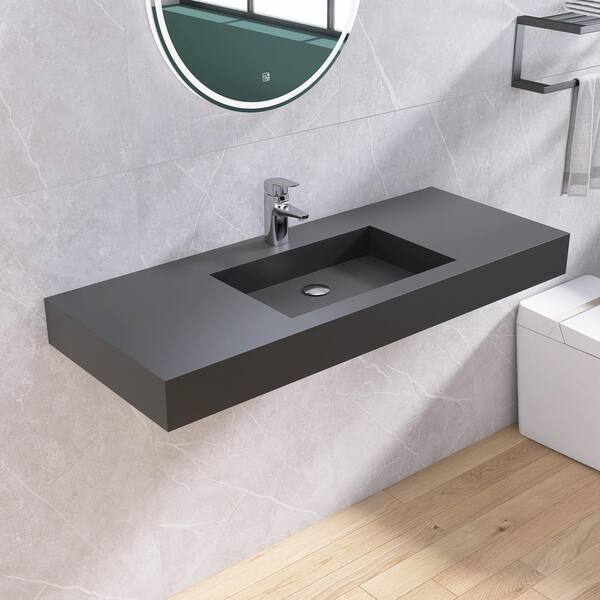47 in. x 19 in. x 4 in. Solid Surface Wall-Mounted Bathroom Vessel Sink in Gray with Faucet Hole