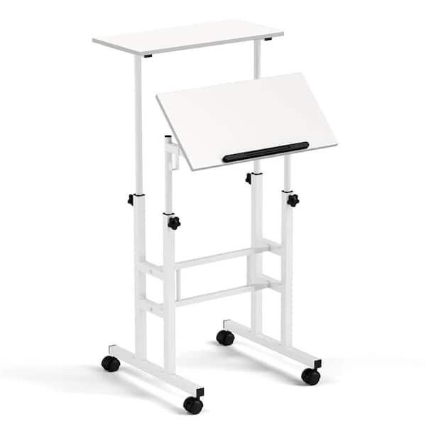 Costway 24 in. White Mobile Standing Desk Rolling Adjustable Laptop Cart Home Office