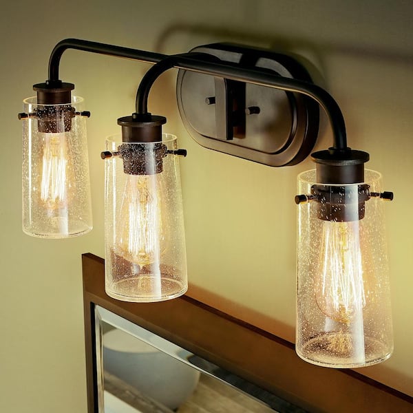 Braelyn 24 in. 3-Light Old Bronze Vintage Bathroom Vanity Light with Seeded Glass Shade