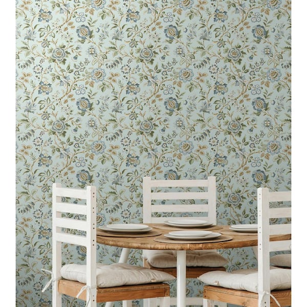 17.08 sq. ft. Sea Mist Jacobean Floral Trail Vinyl Peel and Stick Wallpaper Roll