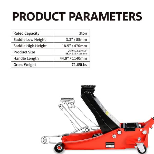 3-Ton Hydraulic Low Profile Steel Racing Jack with Dual Piston Rapid Lift Pump, Lift Range 3.3 in. to 18.5 in.