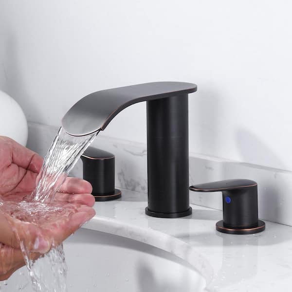 Stainless Steel 8 in. Widespread Double Handle Waterfall Bathroom Faucet W/ Drain and Supply Lines in Oil Rubbed Bronze