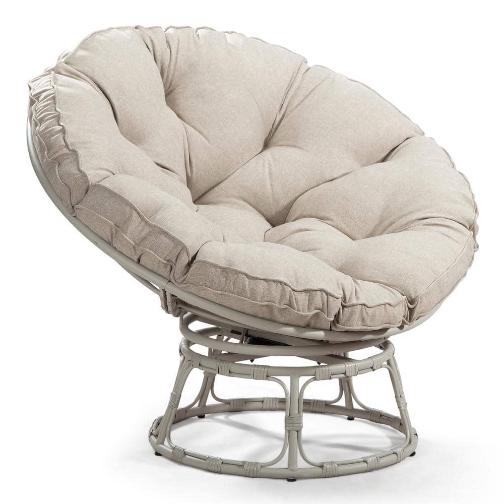 Light Grey Wicker Outdoor Patio Papasan Lounge Chair with Beige Polyester C