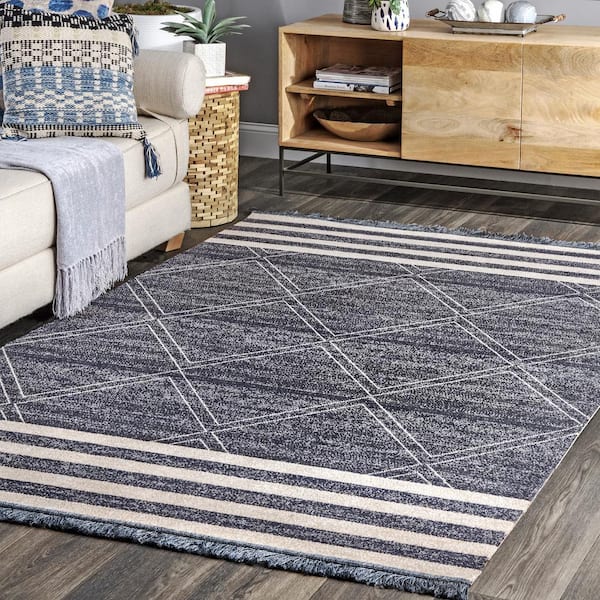 Roberge Coastal Diamond Striped Blue 6 ft. 7 in. x 6 ft. 7 in. Indoor Square Rug