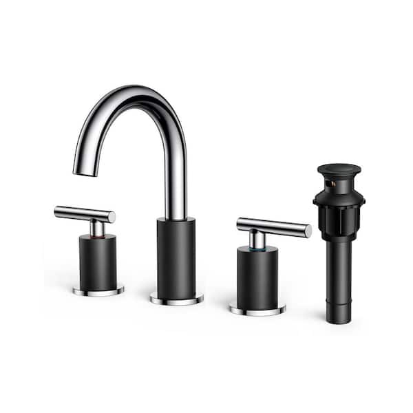 FORIOUS 2-Handle Bathroom Faucet 3-Hole Widespread Bathroom Sink Faucet with Metal Drain and Supply Hose Black Chrome