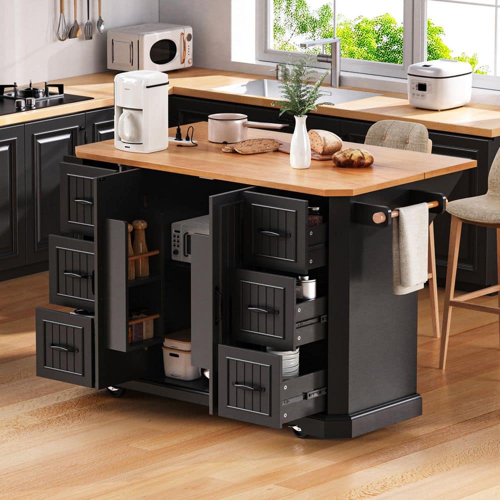 Black Rubber Wood 56 in. W Kitchen Island on 4-Wheels with 6-Deep Drawers, 