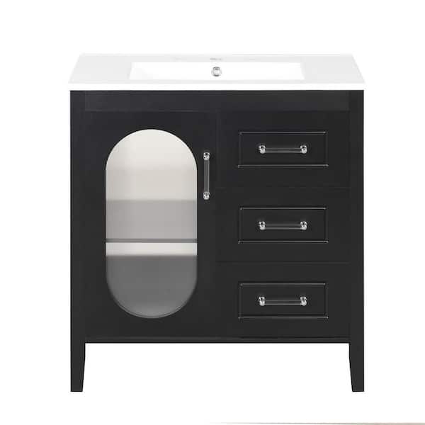 30 in. Single Sink Freestanding Black Bath Vanity with White Ceramic Top, Adjustable Shelf and 2 Drawers
