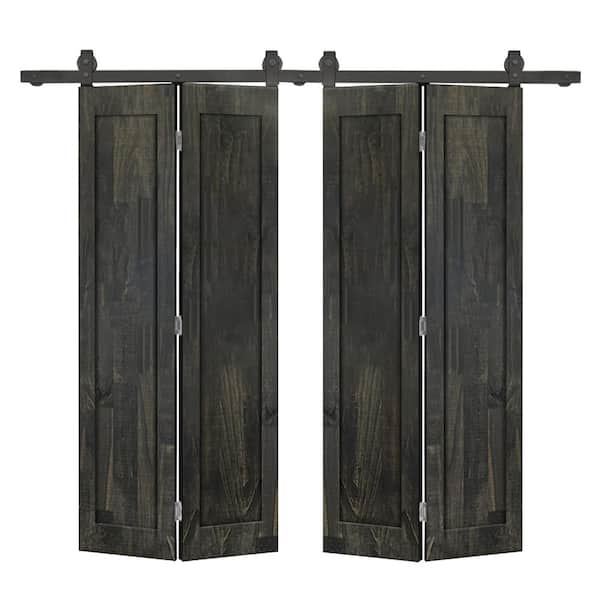 CALHOME 52 in. x 80 in. 1-Panel Shaker Hollow Core Charcoal Black Pine Wood Double Bi-fold Door with Barn Door Hardware Kit