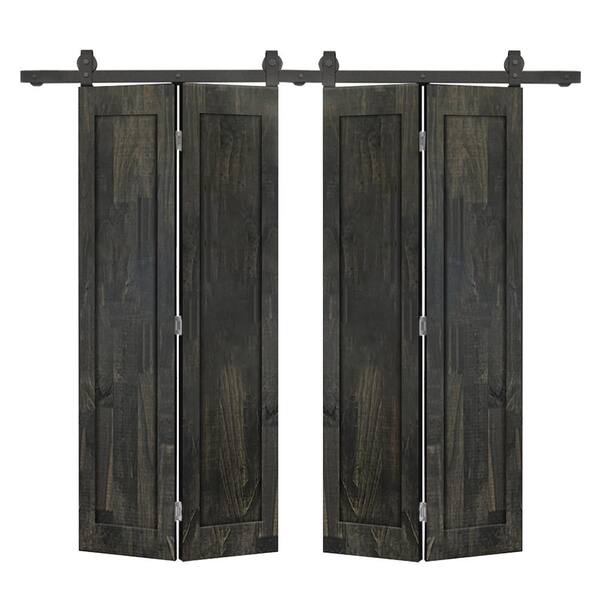 CALHOME 56 in. x 80 in. 1-Panel Shaker Hollow Core Charcoal Black Pine Wood Double Bi-fold Door with Barn Door Hardware Kit
