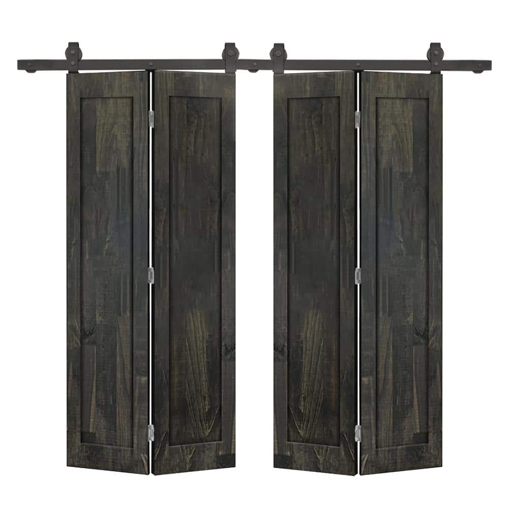 64 in. x 80 in. 1-Panel Shaker Hollow Core Charcoal Black Pine Wood Double Bi-fold Door with Barn Door Hardware Kit price history on PriceWatchPro