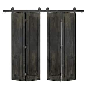 72 in. x 84 in. 1-Panel Shaker Hollow Core Charcoal Black Pine Wood Double Bi-fold Door with Barn Door Hardware Kit