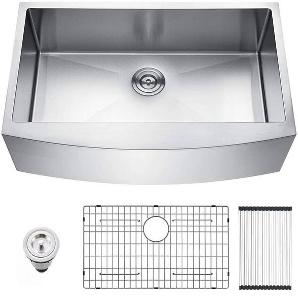 ANGELES HOME Brushed Nickel 16 Gauge Stainless Steel 33 in. Single Bowl Farmhouse Apron Kitchen Sink with Bottom Grid