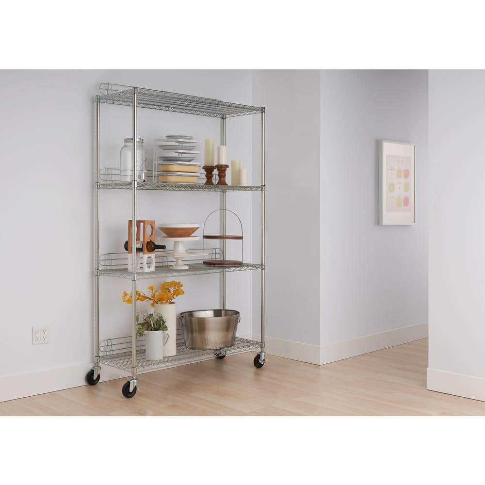 Adjustable Silver Steel 4-Tier Wire Shelving Unit with Wheels