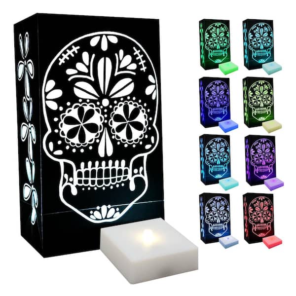 LUMABASE 10 in. LED Battery Operated LumaLite Luminaria Kit- Color Changing Sugar Skull Halloween Pathway Lights (6-Count)