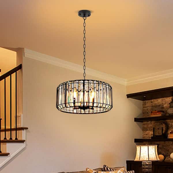 PAKOKULA Modren 18.9 in. 4-light Black Drum Chandelier Light with Glam Crystal Shade