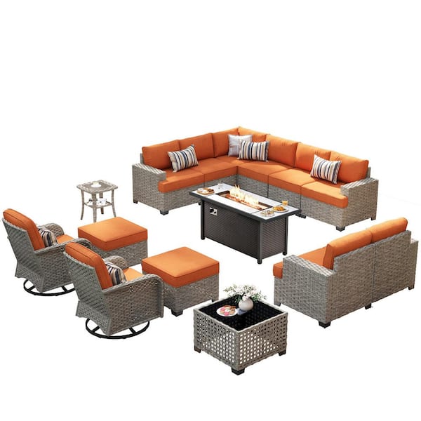 Jubilation 15 Pieces Wicker Outdoor Patio Rectangular Fire Pit Set and Swivel Rocking Chairs with Orange Red Cushions