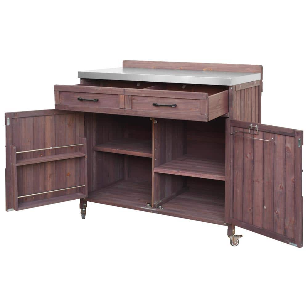 Dark Brown Stainless Steel Top 39.4 in. Rolling Kitchen Island with 4 Wheels, Drawer, Storage
