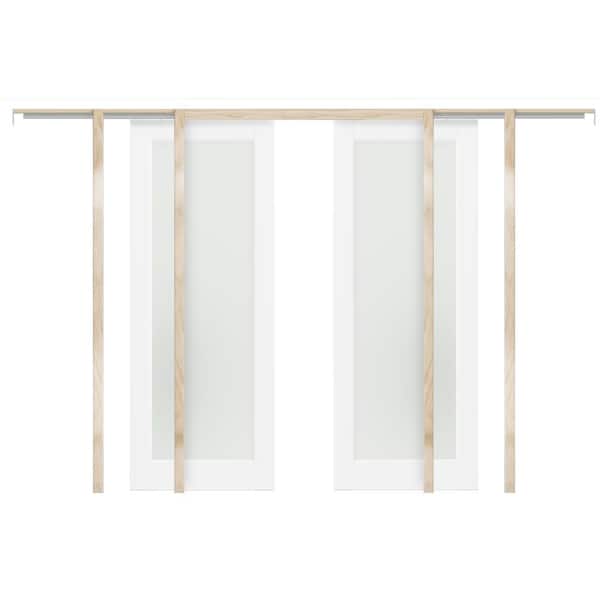 64 in. x 80 in . （32''X 2）1-Lite White MDF Tempered Frosted Glass Double Sliding Pocket Door Frame With Hardware Kit