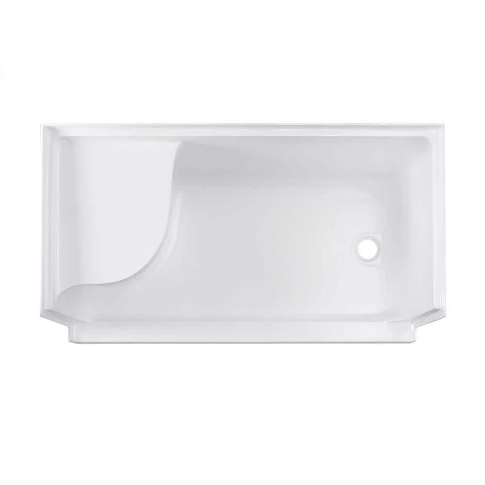 White Acrylic Single Threshold Shower Base with Seat and Right Drain