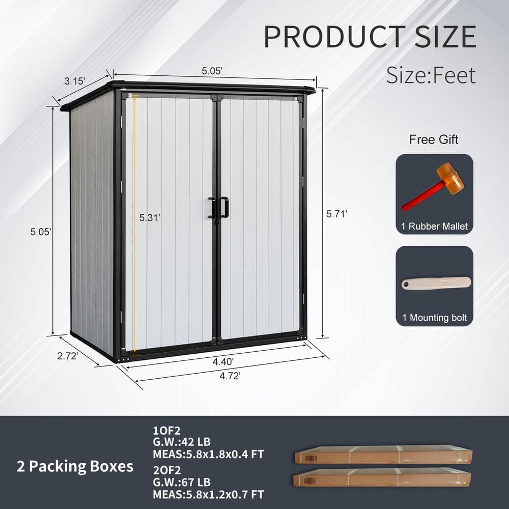 5x3FT Black and White Vinyl Outdoor Storage Shed
