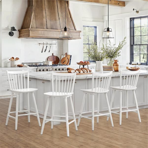 LUE BONA Winston 24 in. White Windsor Barstool Wooden Farmhouse Spindle Back Counter Height Stool for Kitchen Island (Set of 4)