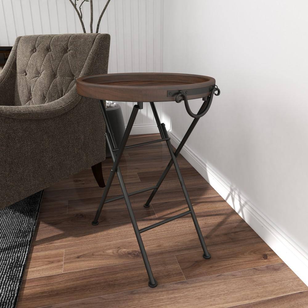 Black Metal Folding Accent Table with Brown Wood Top