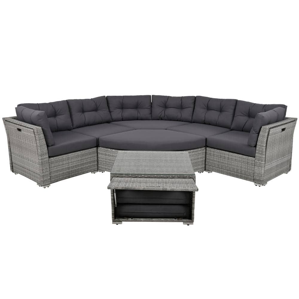 Grey Wicker Outdoor Patio Sectional Daybed Seating Group with Cushions and 