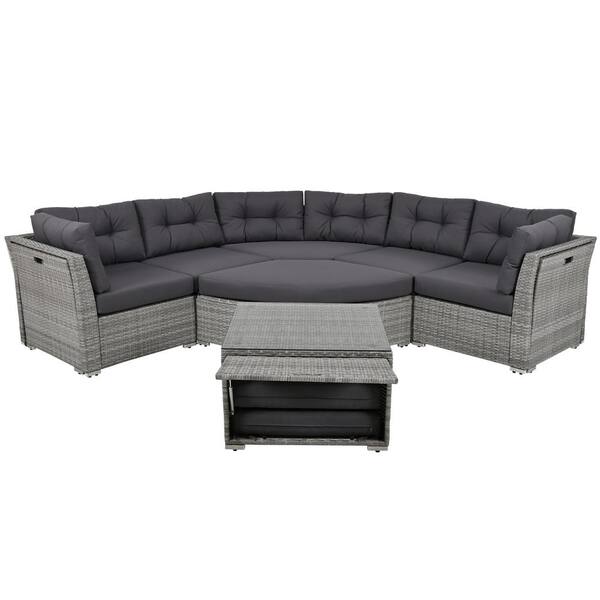 Unbranded Grey Wicker Outdoor Patio Sectional Daybed Seating Group with Cushions and Center Table for Patio, Lawn, Backyard, Pool