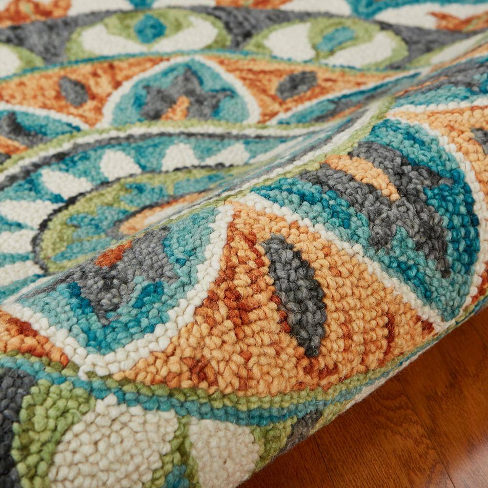 Handmade Floral Medallion Teal & Cream Wool Round Rug, 6' Diameter