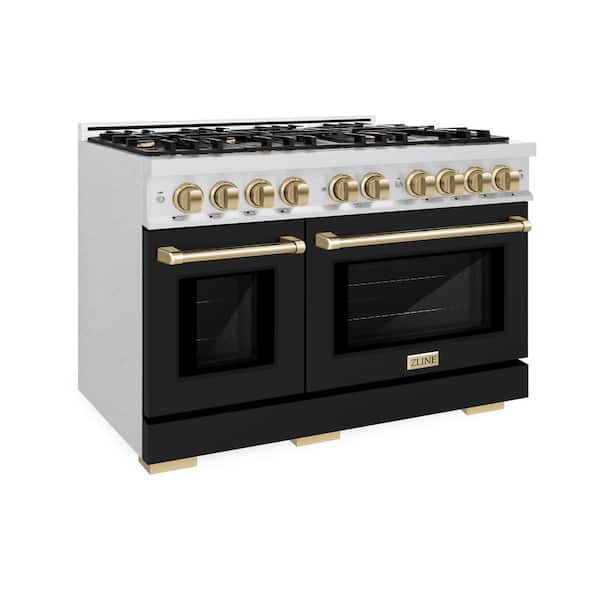 Autograph 48 in. Select Double Oven Dual Fuel Range with 8 Burners in Satin Steel with Black Doors and Bronze Accents