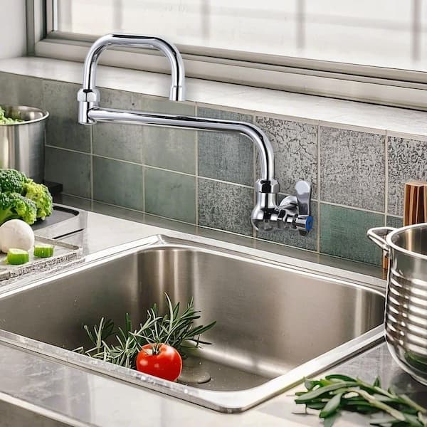 Single Handle Wall Mount Standard Kitchen Faucet with Swivel Jointed Spout and Double Joint Swing Arms in Chrome