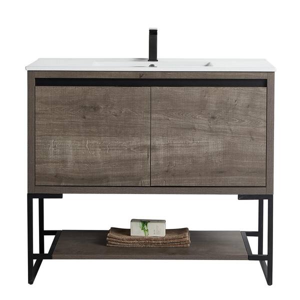 JimsMaison Tellara 40 in. W x 18 in. D x 35 in. H  Bath Vanity in Plaid Grey Oak with White Ceramic Vanity Top with White Basin