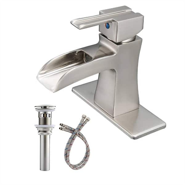 FLG Single-Handle Single-Hole Waterfall Bathroom Sink Faucet with Pop-Up Drain Assembly Kit and Deckplate in Brushed Nickel