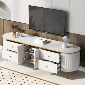 White TV Stand Fits TVs up to 80 in. with Vertical Groove Patterns, 4-Storage Drawer, Cabinet, Gold Metal Legs, Handles