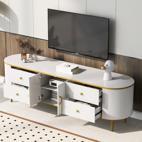 Harper & Bright Designs White TV Stand Fits TVs up to 80 in. with Vertical Groove Patterns, 4-Storage Drawer, Cabinet, Gold Metal Legs, Handles
