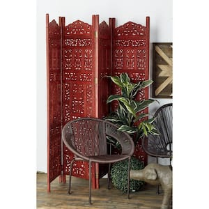 6 ft. Red 4 Panel Floral Handmade Hinged Foldable Partition Room Divider Screen with Intricately Carved Designs