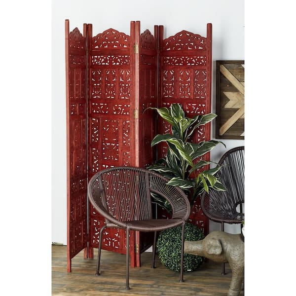 6 ft. Red 4 Panel Floral Handmade Hinged Foldable Partition Room Divider Screen with Intricately Carved Designs