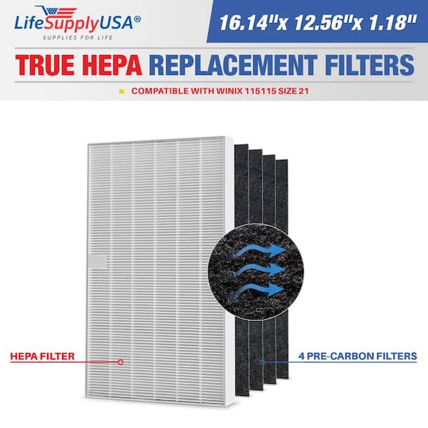LifeSupplyUSA 1-True HEPA Air Cleaner Replacement Filter plus 4-Carbon Filters Complete Set Compatible with Winix 115115
