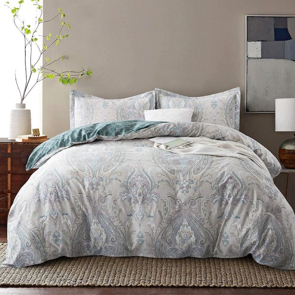 3Piece Gray and Lilac Boho Paisley Damask Medallion Print King Duvet