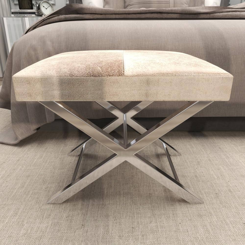 Gray Hair on Hide Leather and Stainless Steel X-Base Stool