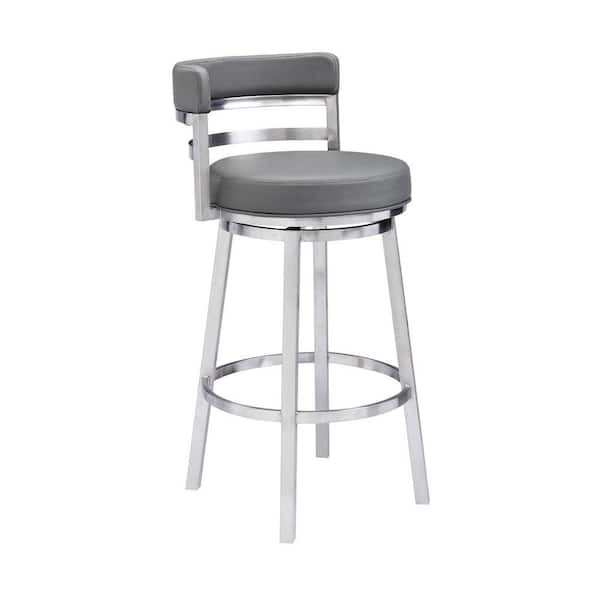 Benjara 33.5 in. Gray Low Back Metal Frame Barstool with Leatherette Seat