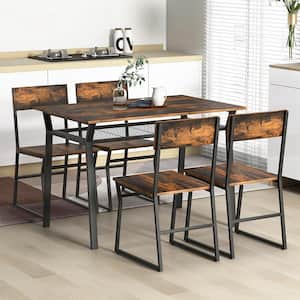 5-Piece Brown Wood Top Dining Table Set Industrial Rectangular Kitchen Table with 4-Chairs