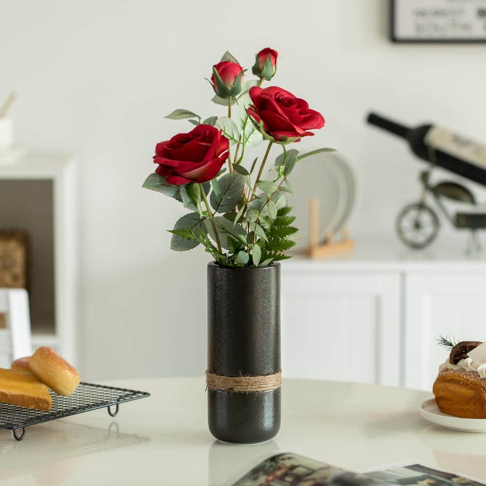 Small Black Ceramic Cylinder Table Vase with Rope