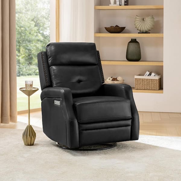 JAYDEN CREATION Eulalia Black 29.5 in. W Genuine Leather Swivel Rock Power Recliner with USB Port
