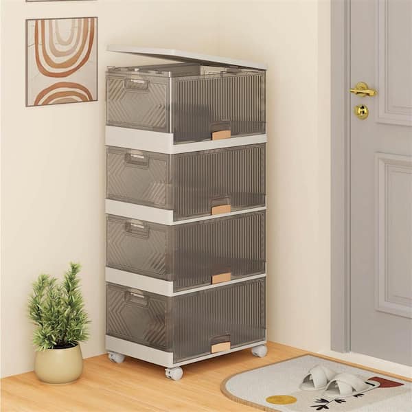 18 Gal. 4-Cube Stackable Storage Bins in White and Brown with Detachable Wheels Large Organizer