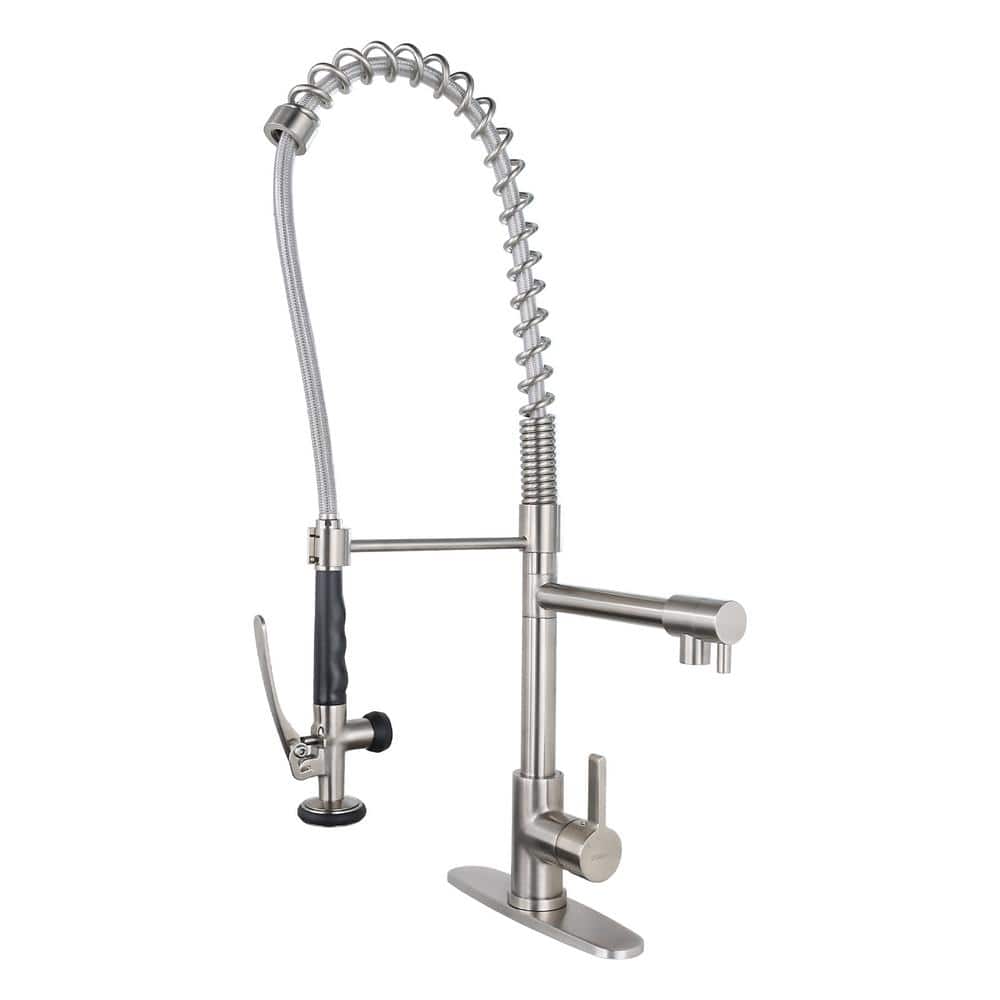 Commercial Deck Mount Double Handle Pull Down Sprayer Kitchen Faucet with Pre-Rinse Sprayer in Brushed Nickel price history on PriceWatchPro