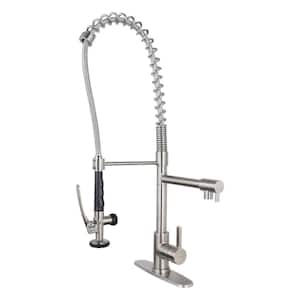 Deck Mounted Commercial Double-Handle Pull Down Sprayer Kitchen Faucet in Brushed Nickel