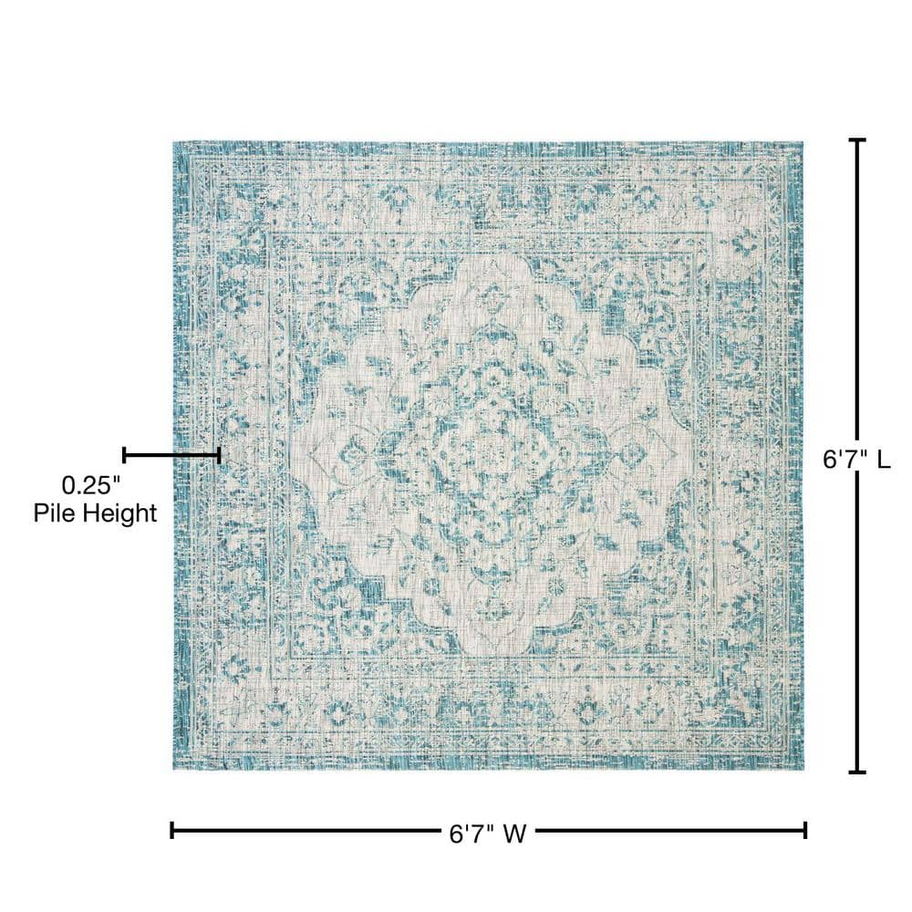 Gray and Blue Square Synthetic Indoor/Outdoor Rug