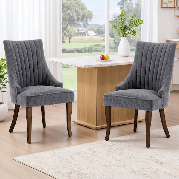 WONDER COMFORT Luxurious Gray Linen Dining Chairs Set of 2, Channel Tufted Upholstered Dining Chair with Curved Solid Wood Legs